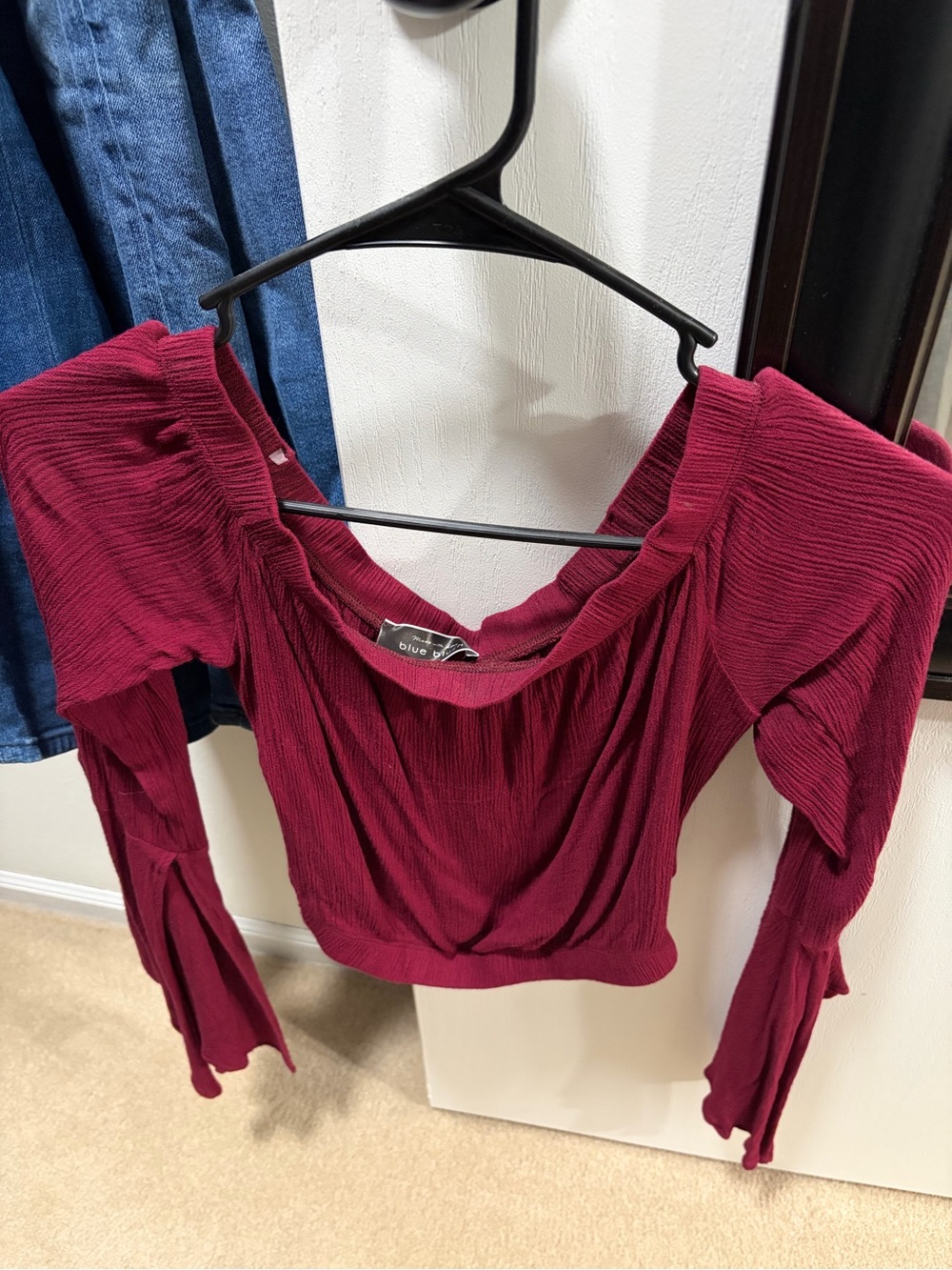 Blue Blush Off-Shoulder Long Sleeve Crop Top